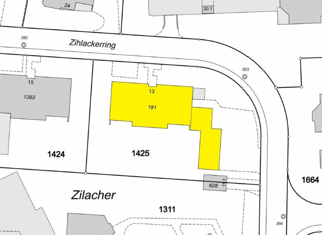 Grundstücksplan mit gelb markiertem Gebäude