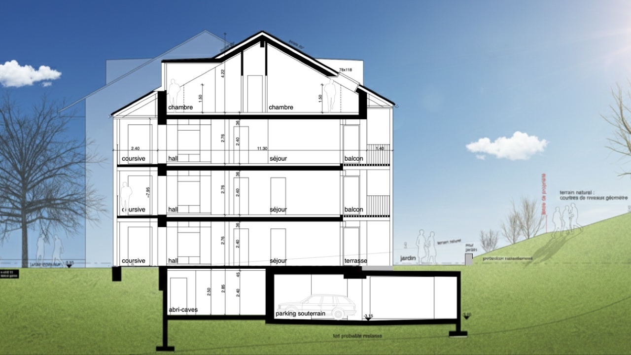 Architektur-Querschnitt mit Etagen und Außenbereichen
