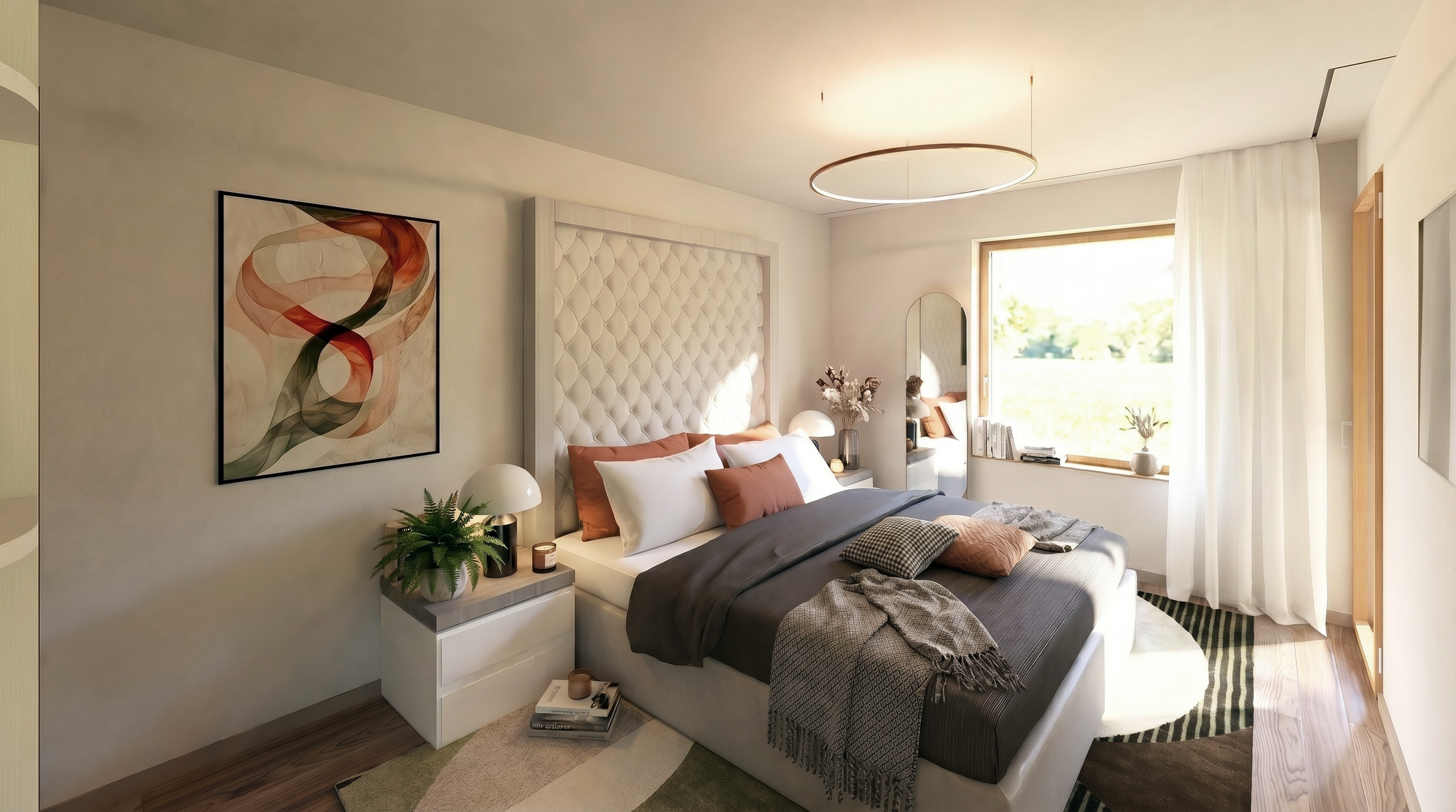 Helles, modern eingerichtetes Schlafzimmer mit dekorativem Kopfteil