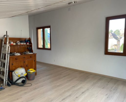 Leerer, renovierter Innenraum mit zwei Fenstern