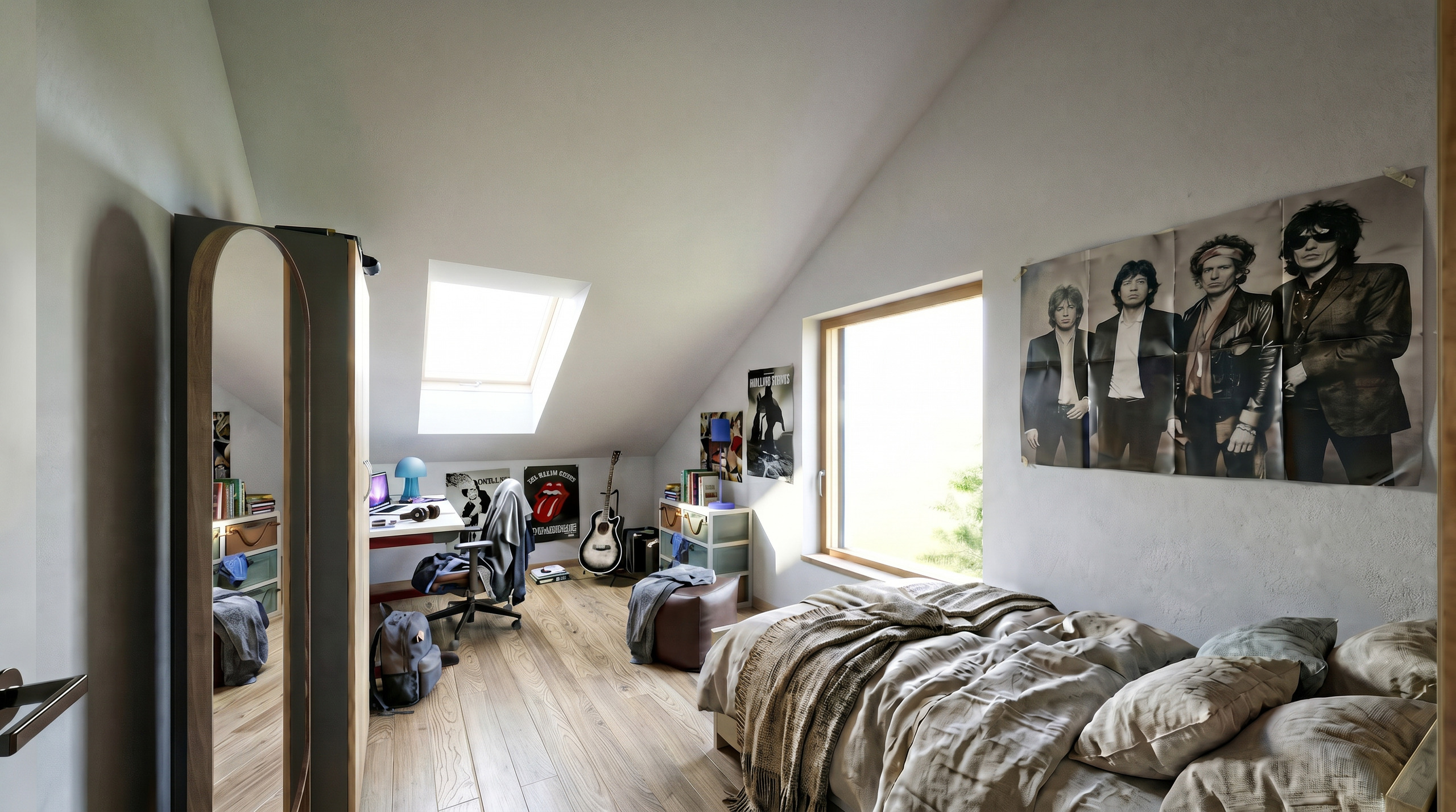 Dachzimmer mit Schlafbereich und Arbeitsnische