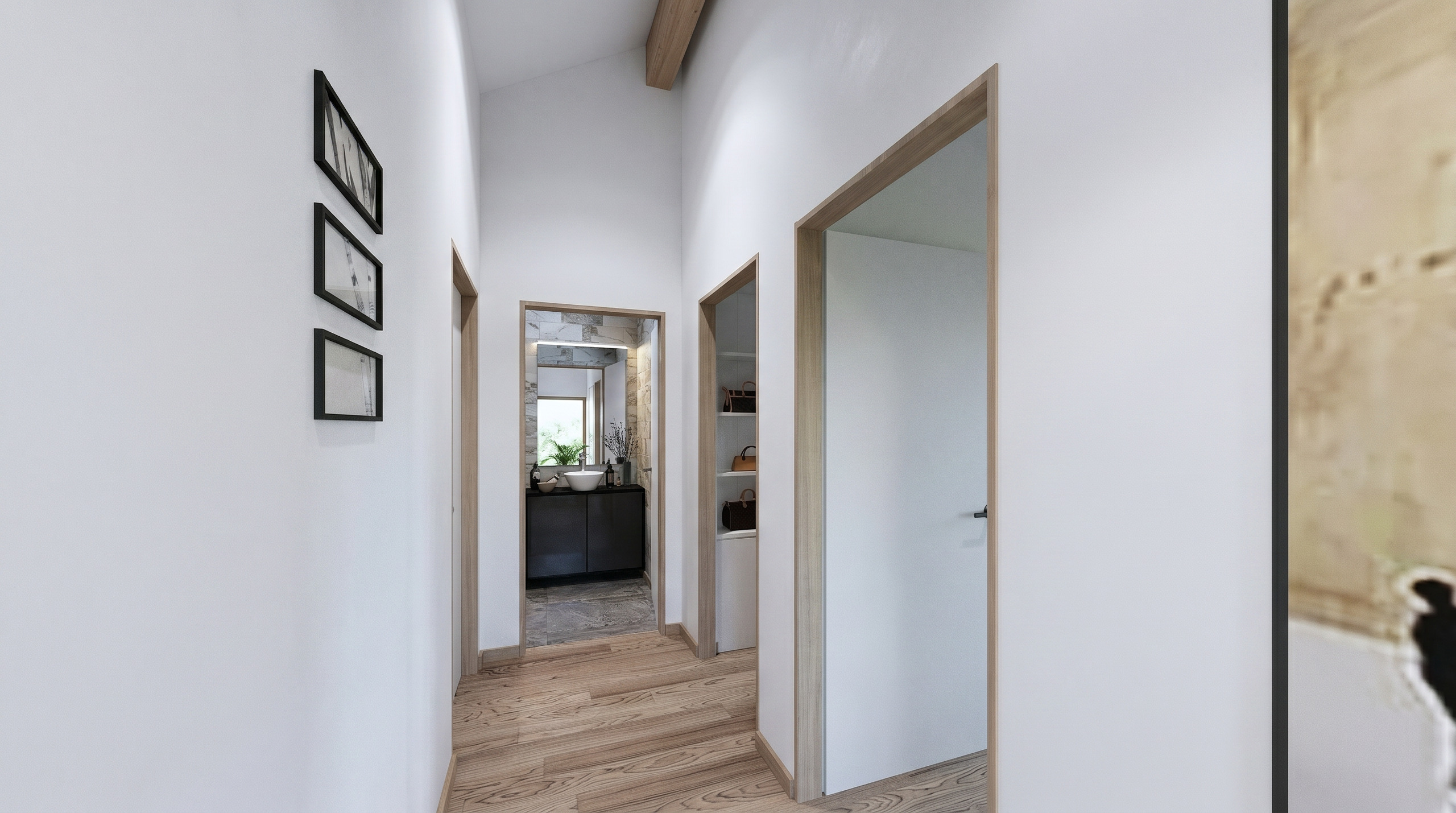 Moderner Flur mit Blick ins Badezimmer
