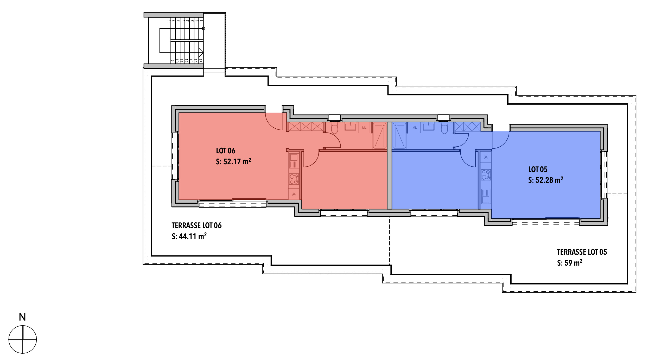Grundriss einer Dachgeschoss-/Wohnungsaufteilung mit zwei Einheiten und Terrassen