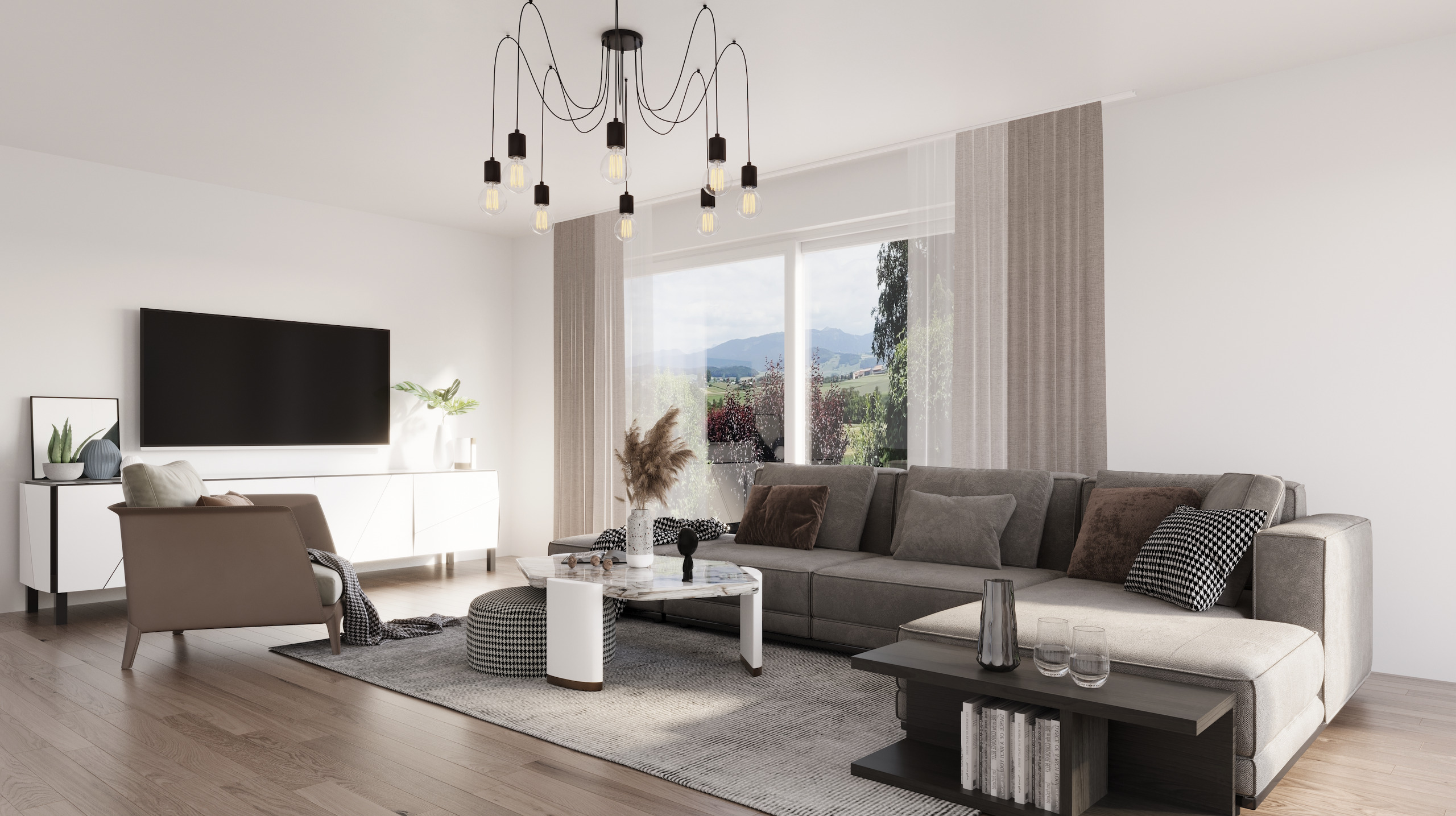 Helles, modernes Wohnzimmer mit Panoramafenster