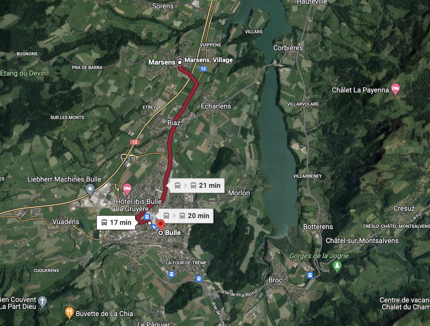Satellitenkarte einer ländlichen Region bei Bulle