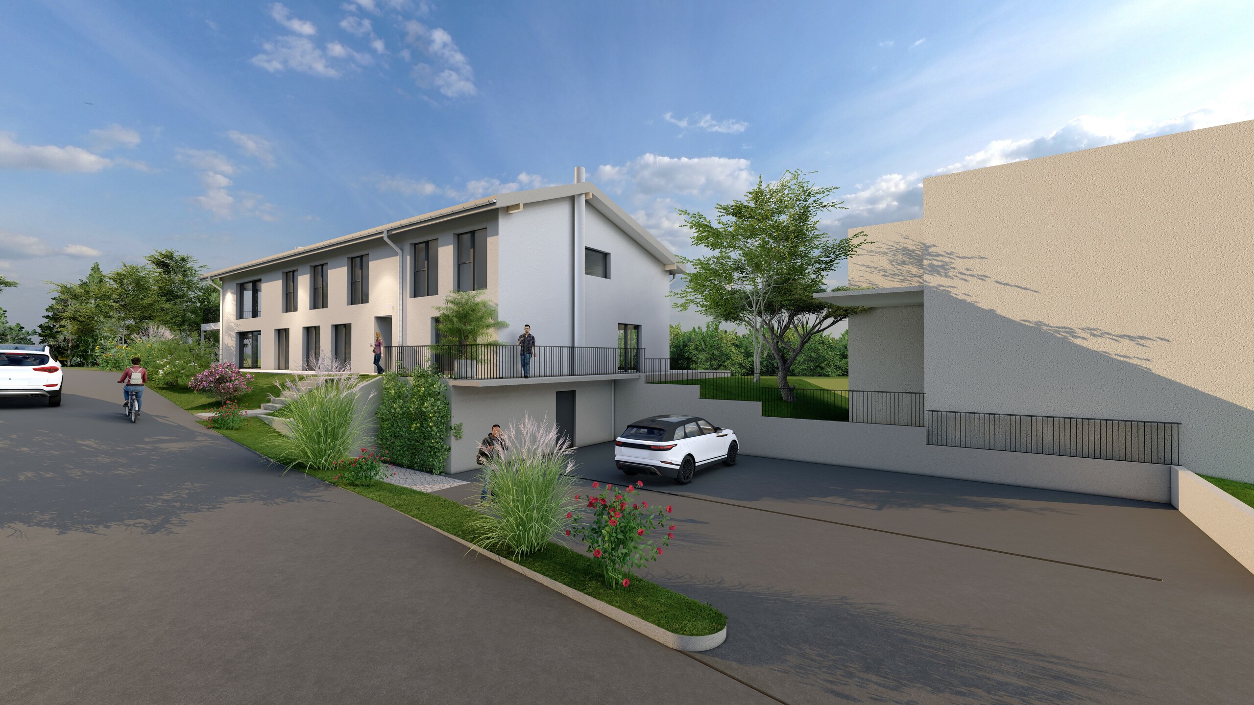 Modernes Wohnhaus mit Zufahrt und Gartengestaltung