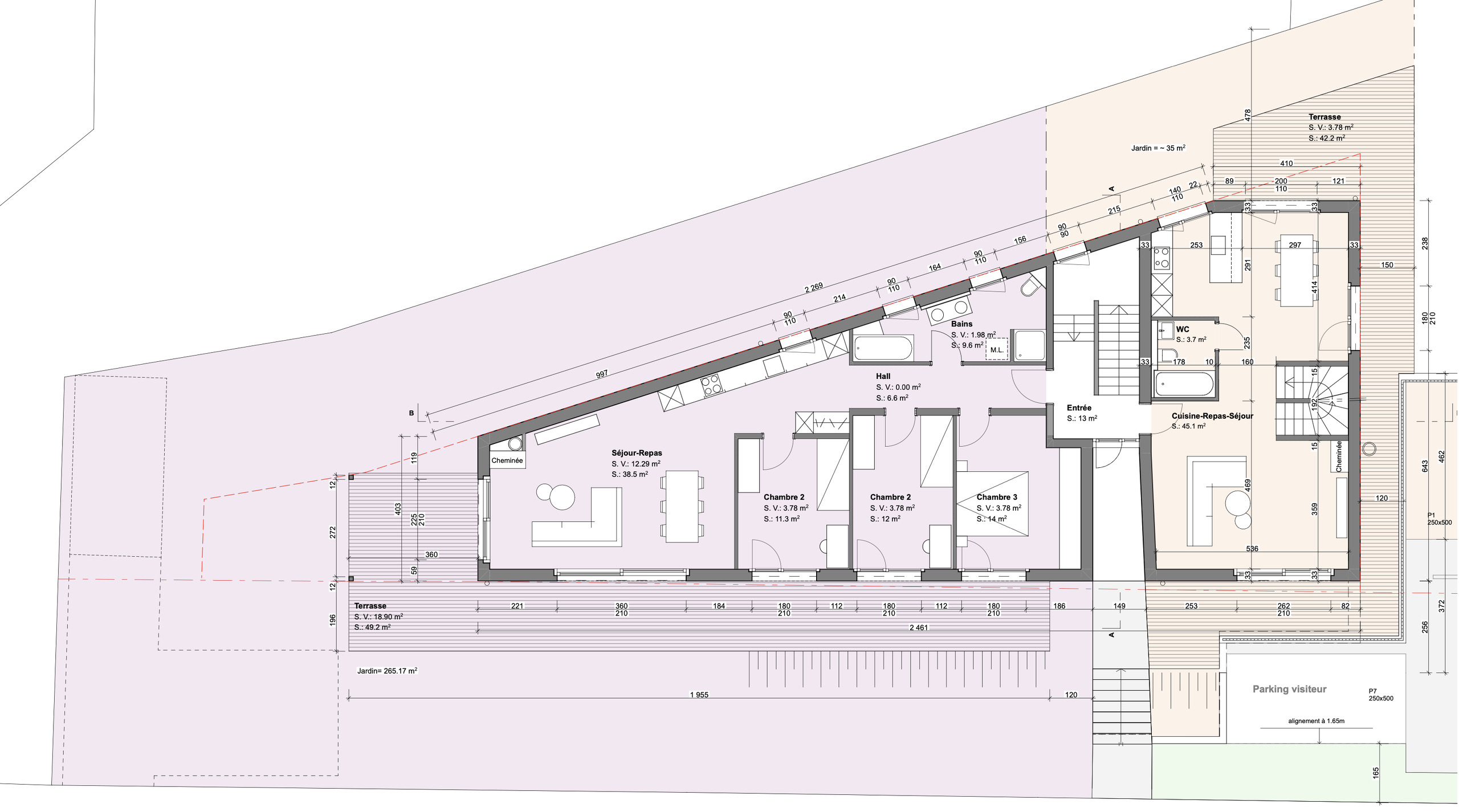 Grundriss einer Wohnung mit Terrasse und Garten