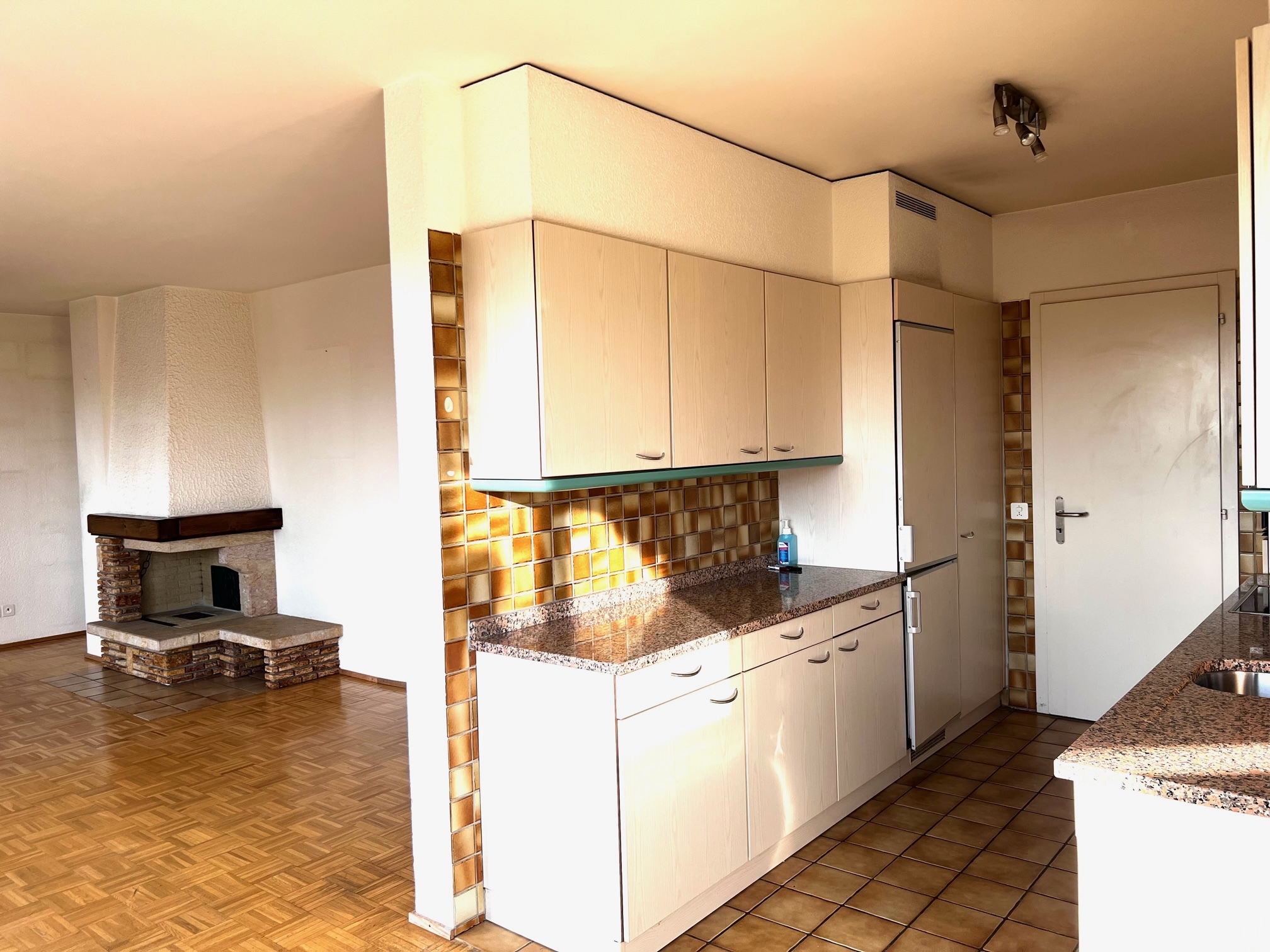 Offener Wohnbereich mit Küche und Kamin