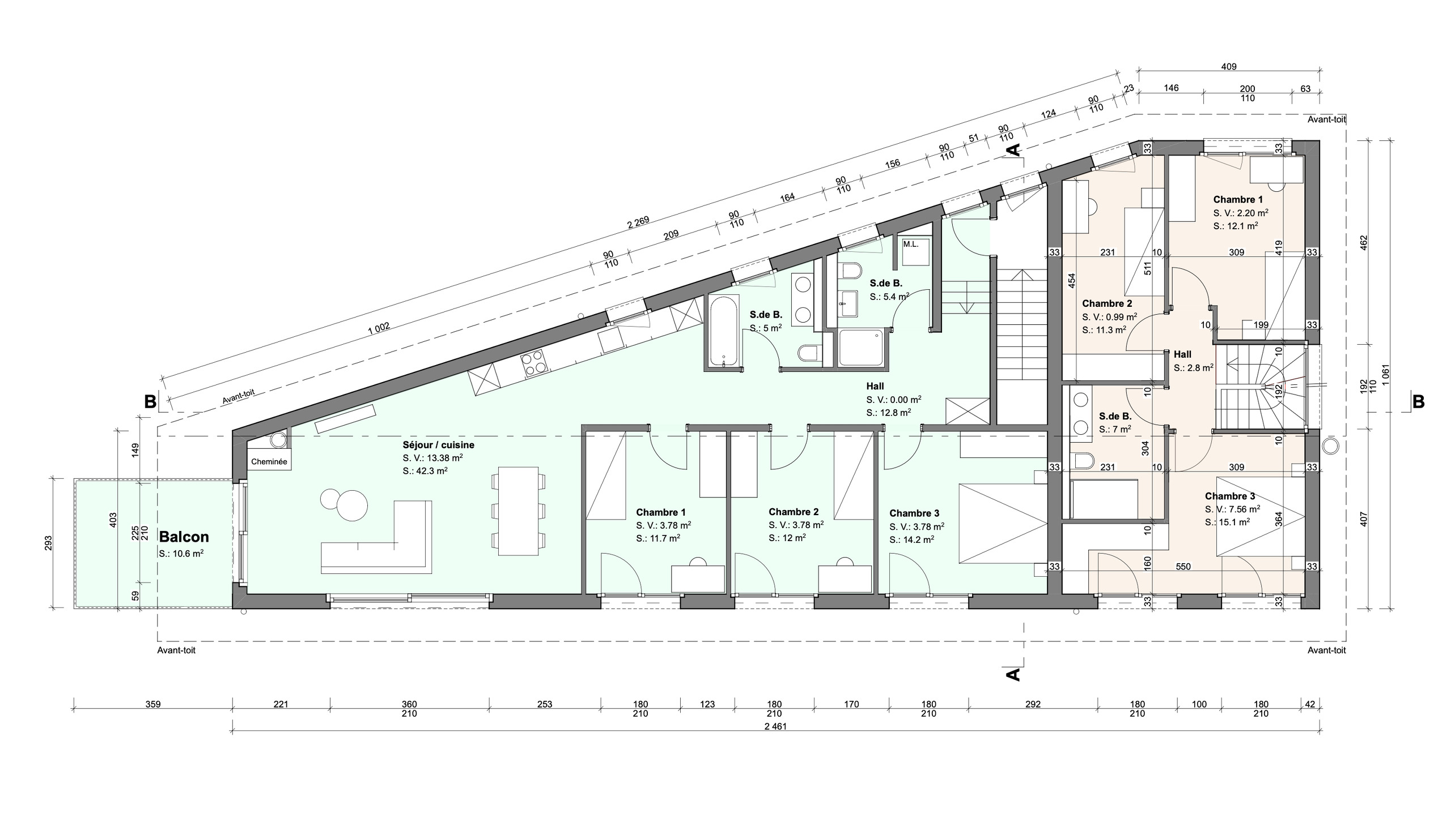 Grundriss einer Dachgeschosswohnung mit Balkon