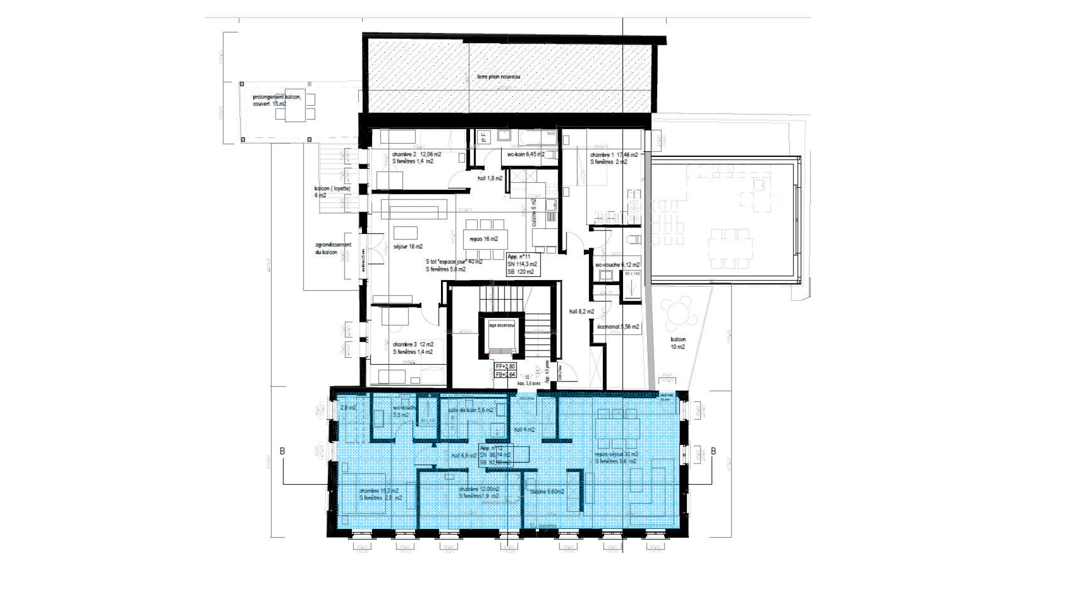 Grundriss einer großen Wohnung mit Balkonen und Dachterrasse