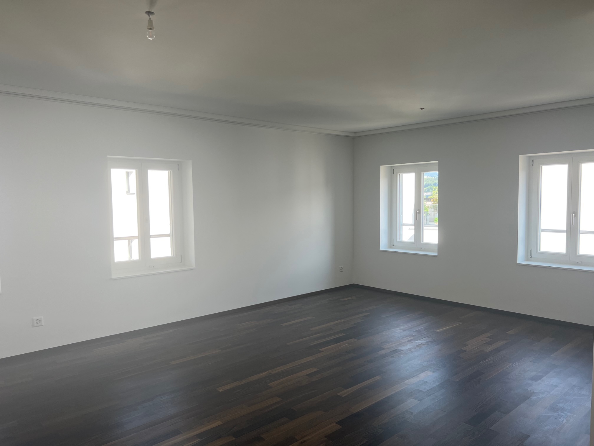 Leerer heller Wohnraum mit dunklem Holzboden