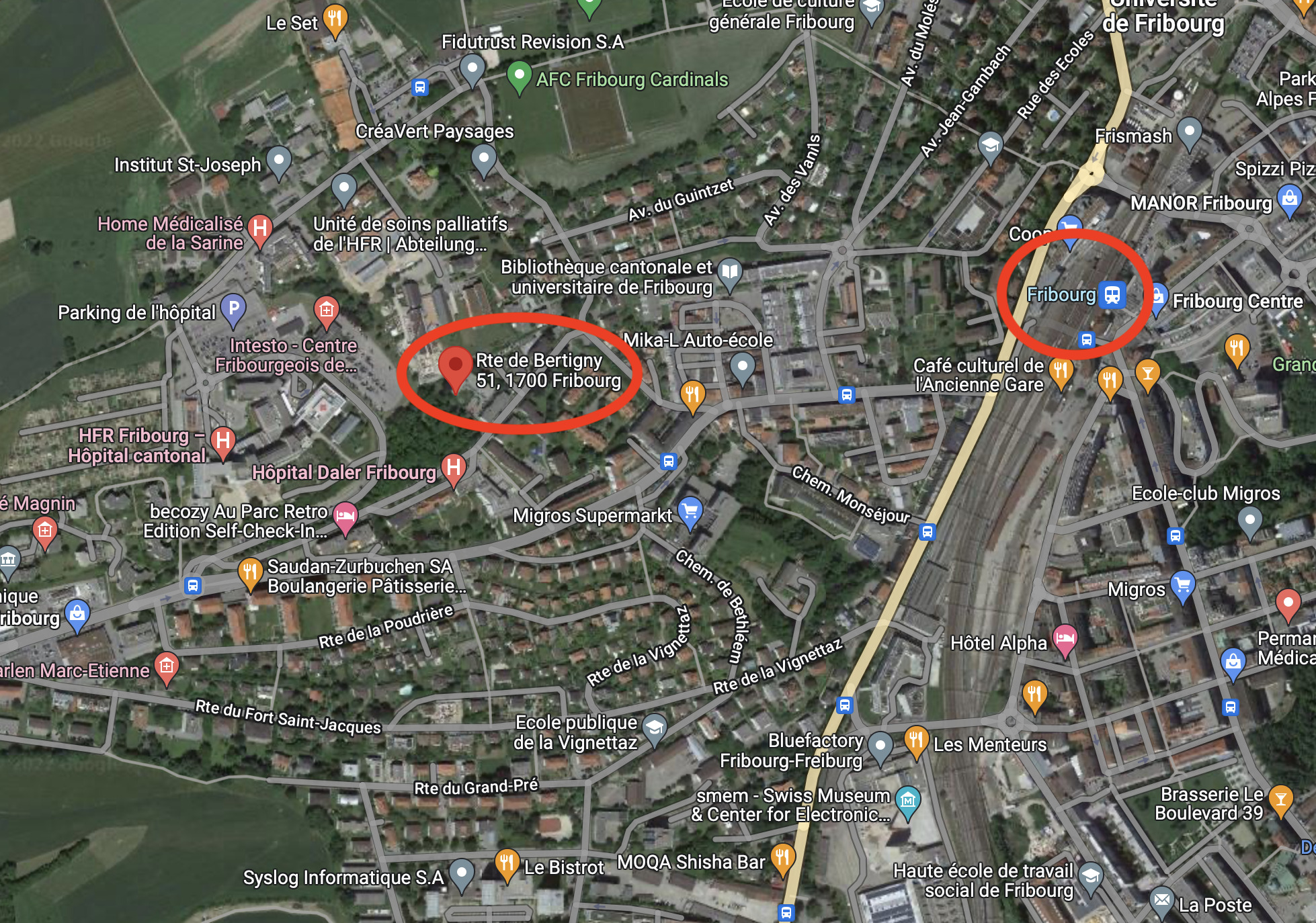 Stadtkarte mit markiertem Standort in Freiburg