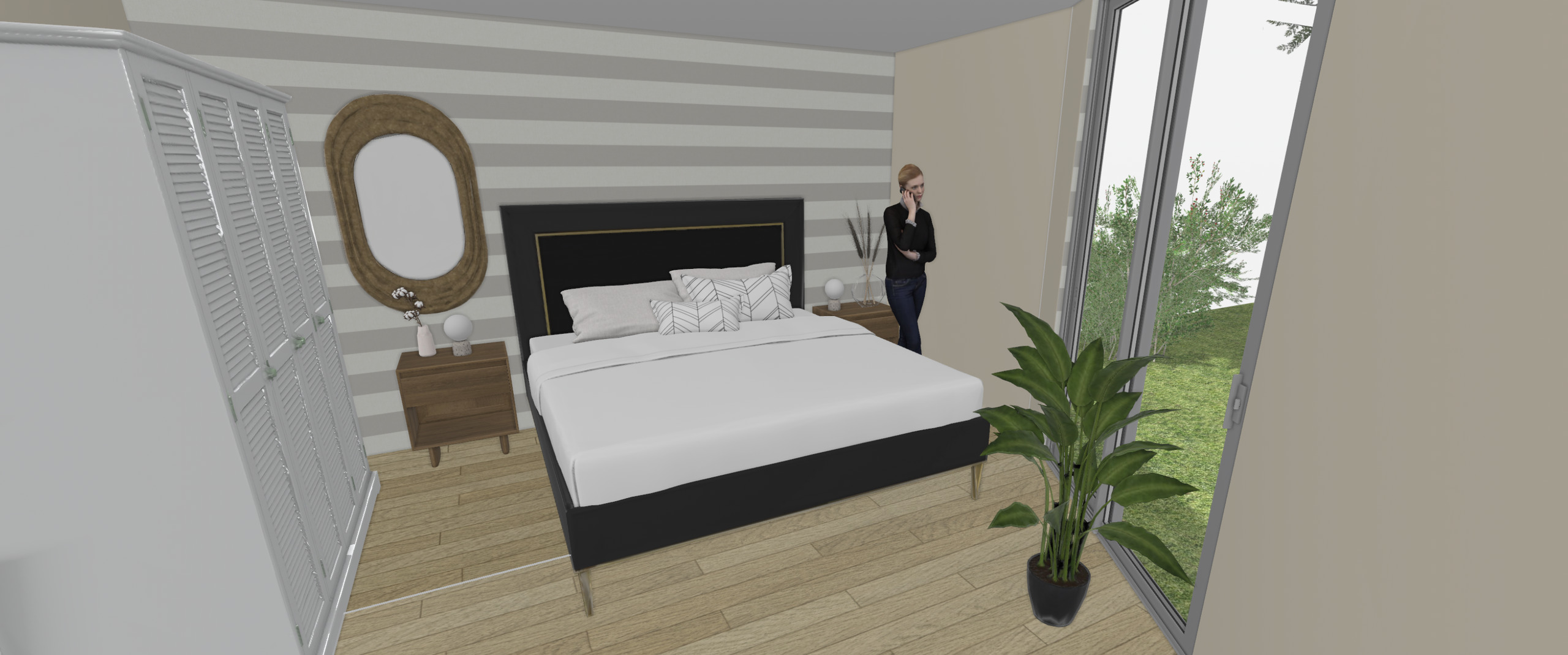 Modernes Schlafzimmer mit großen Fenstern
