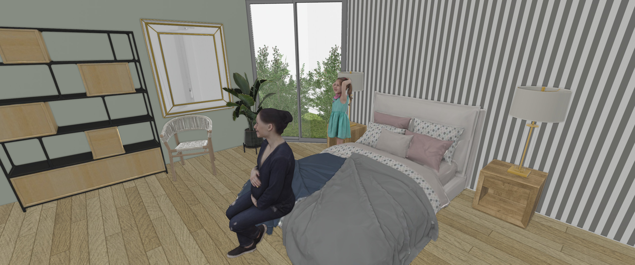 Schlafzimmer mit gestreifter Akzentwand