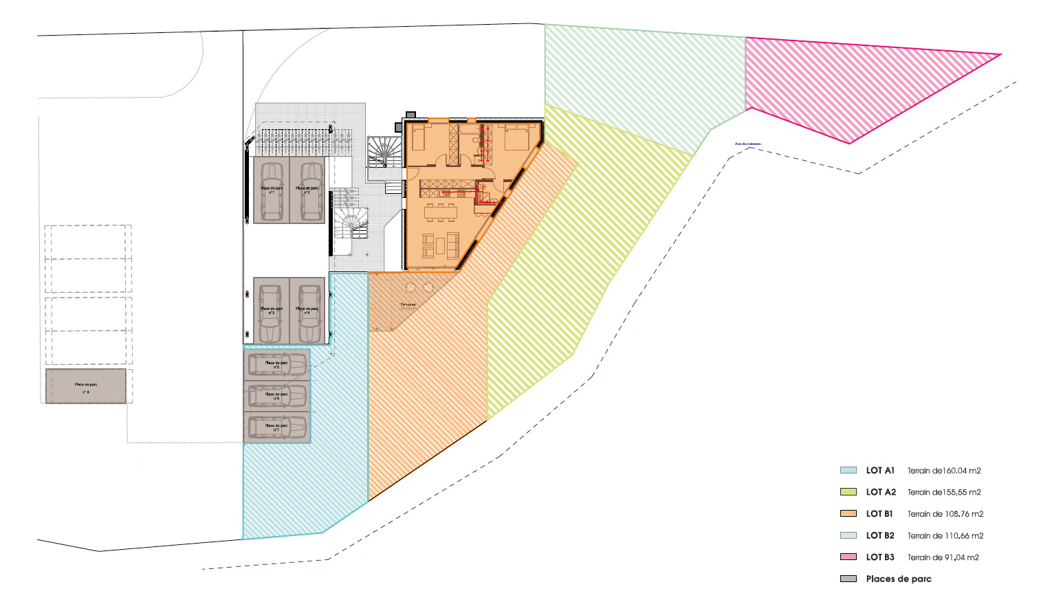 Grundriss mit Grundstücksaufteilung und Stellplätzen
