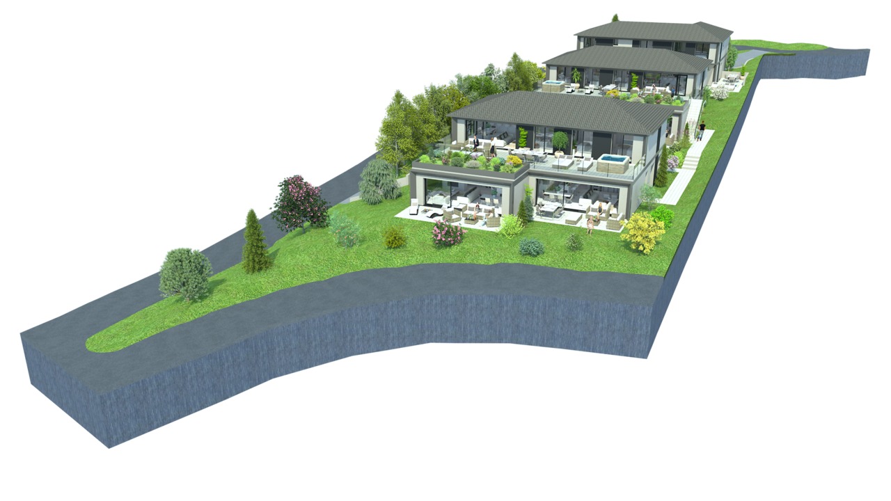3D-Visualisierung eines modernen Mehrfamilienhauses mit Terrassen und Garten