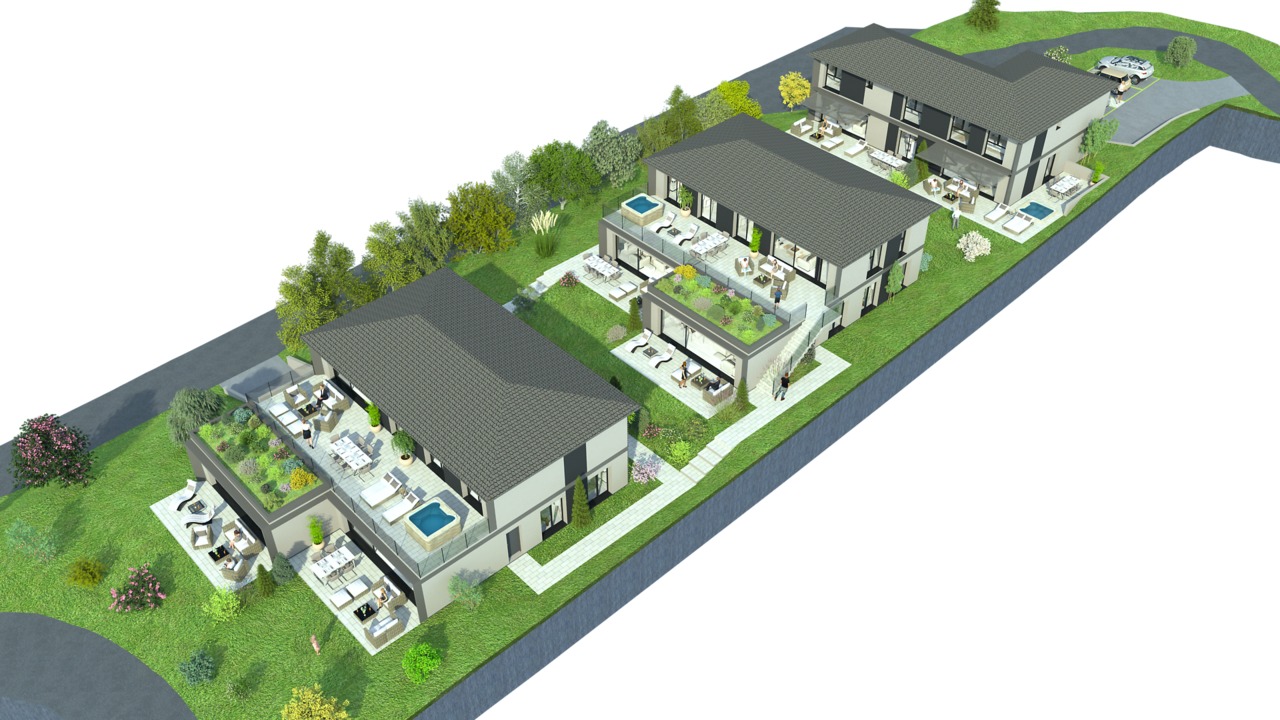 Drohnenansicht eines modernen Wohnensembles mit Terrassen und Pools