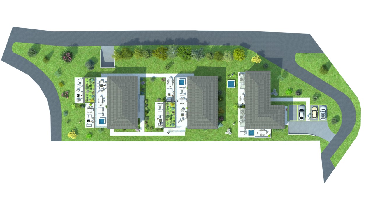 Lageplan eines Wohnensembles mit mehreren Gebäuden und Zufahrt
