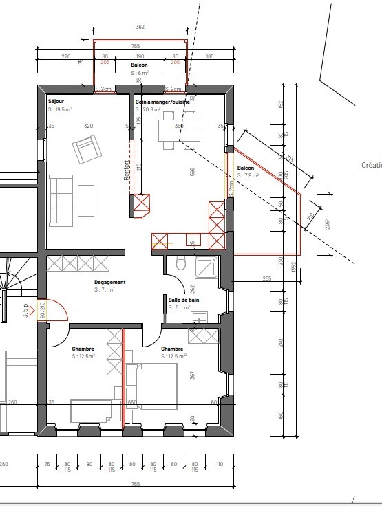 Grundriss einer Wohnung mit zwei Balkonen