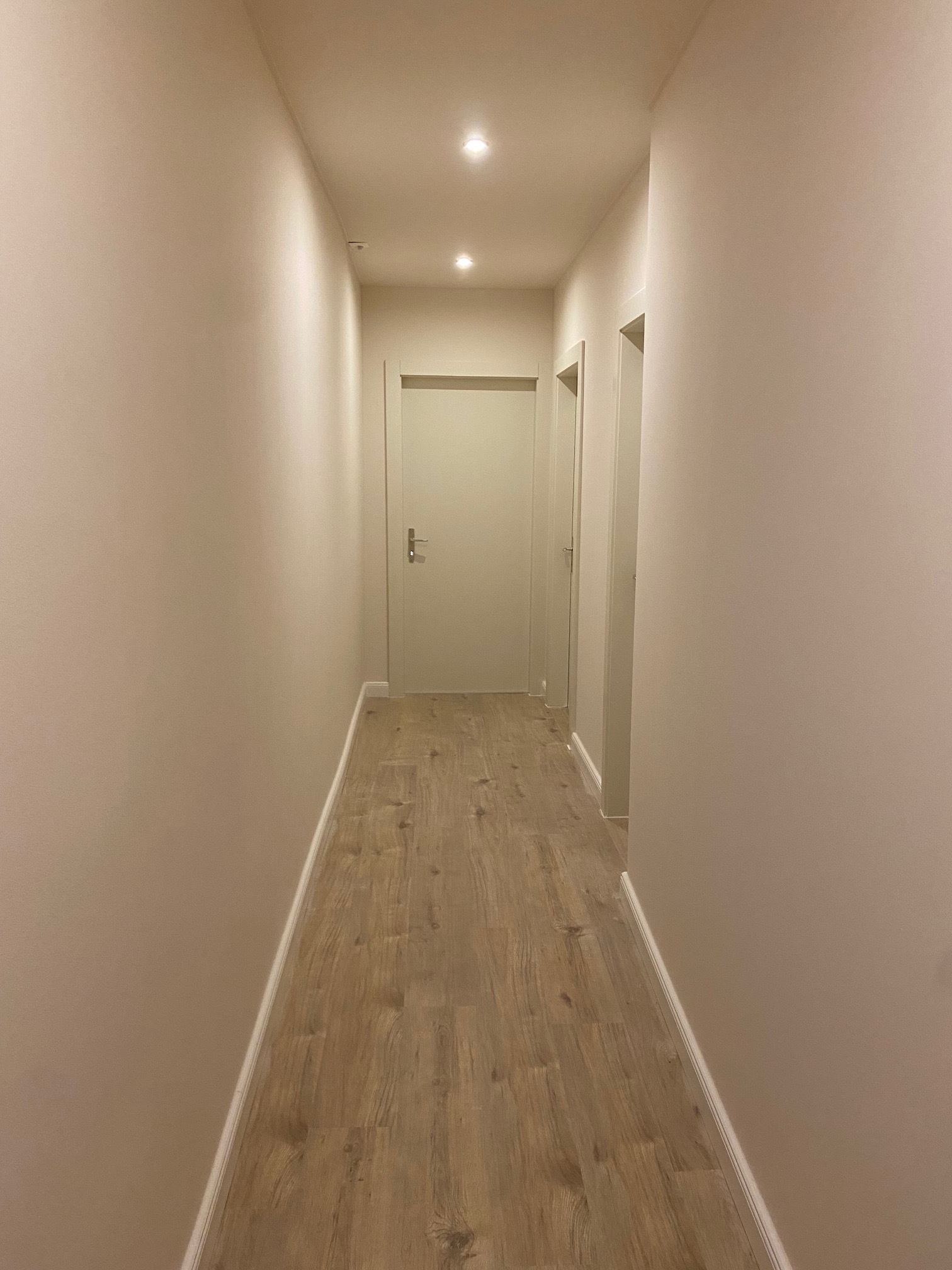 Flur mit Holzoptik-Boden und weißen Türen