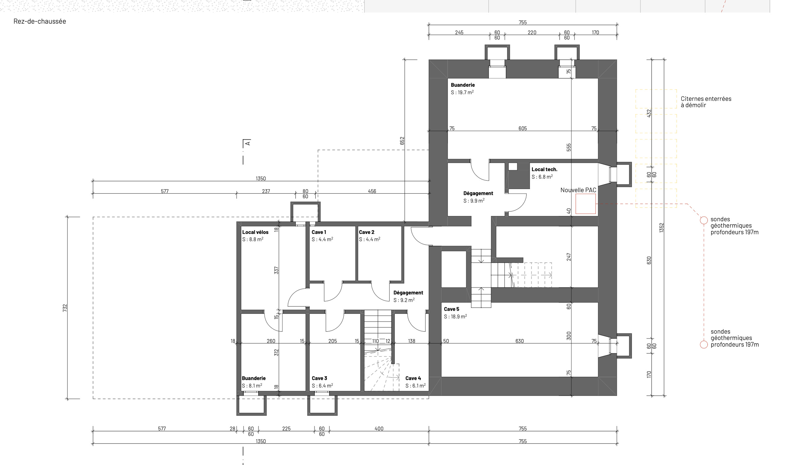 Kellergrundriss mit Technik- und Nebenräumen