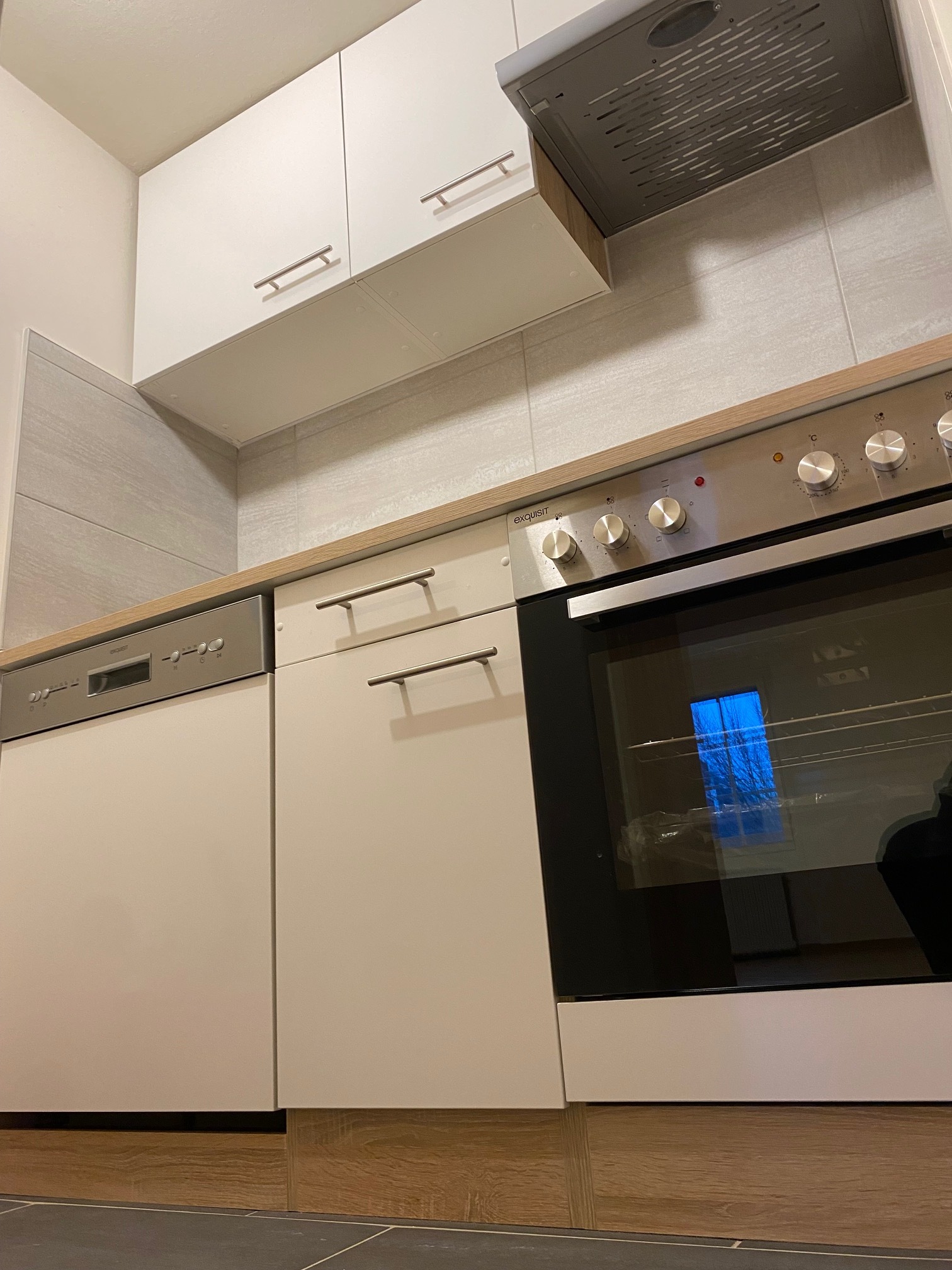 Moderne Einbauküche mit Backofen und Dunstabzug