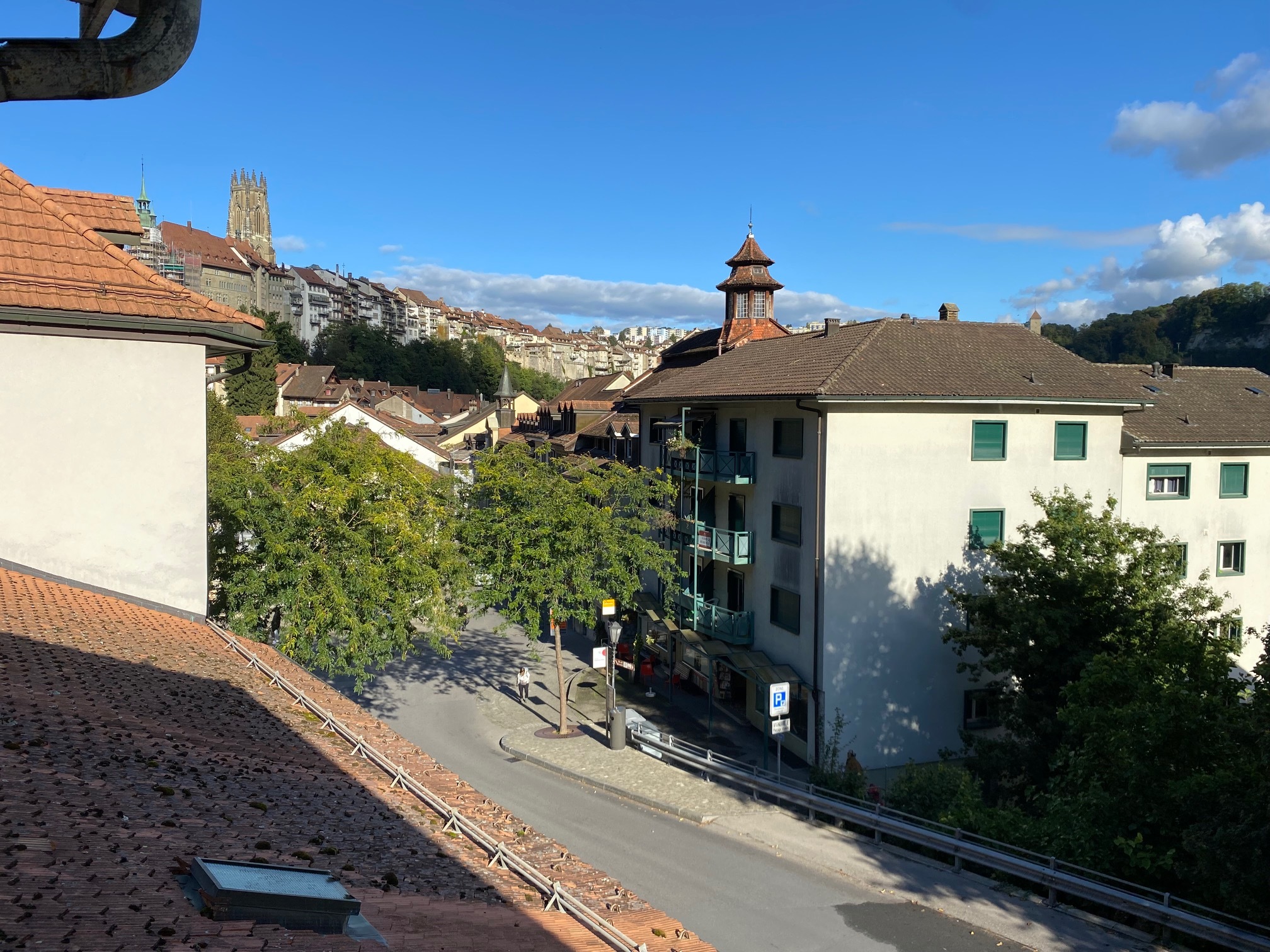 Städtischer Ausblick über Dächer und historische Bebauung