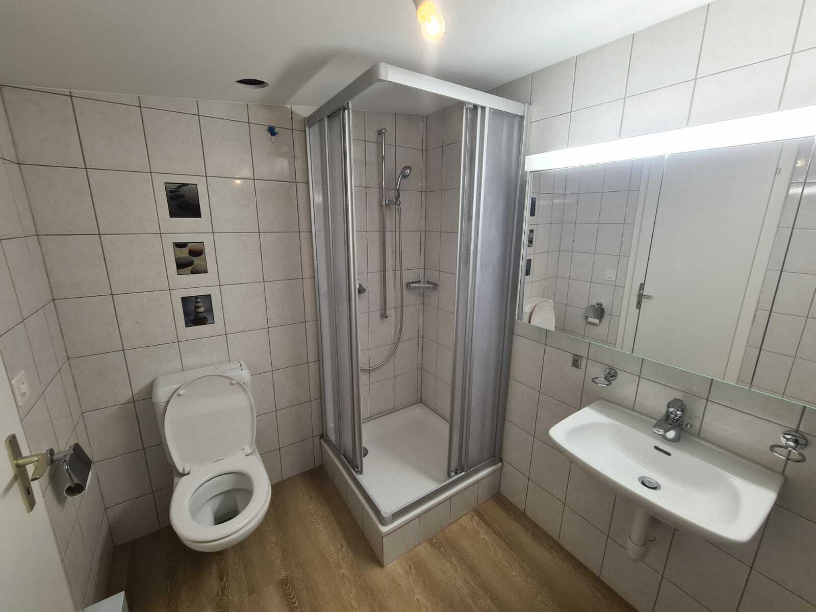 Badezimmer mit Dusche, WC und Waschtisch
