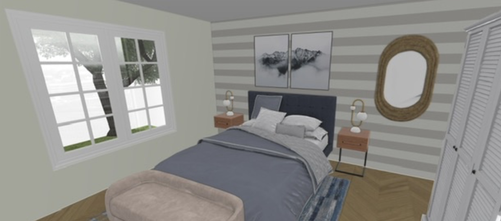 Helles Schlafzimmer mit Doppelbett und Streifendekor