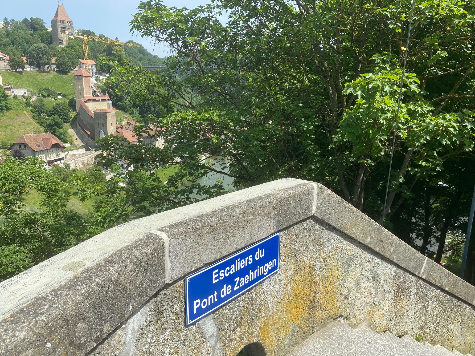 Blick von einer Steintreppe auf eine grüne Flusslandschaft mit historischem Turm