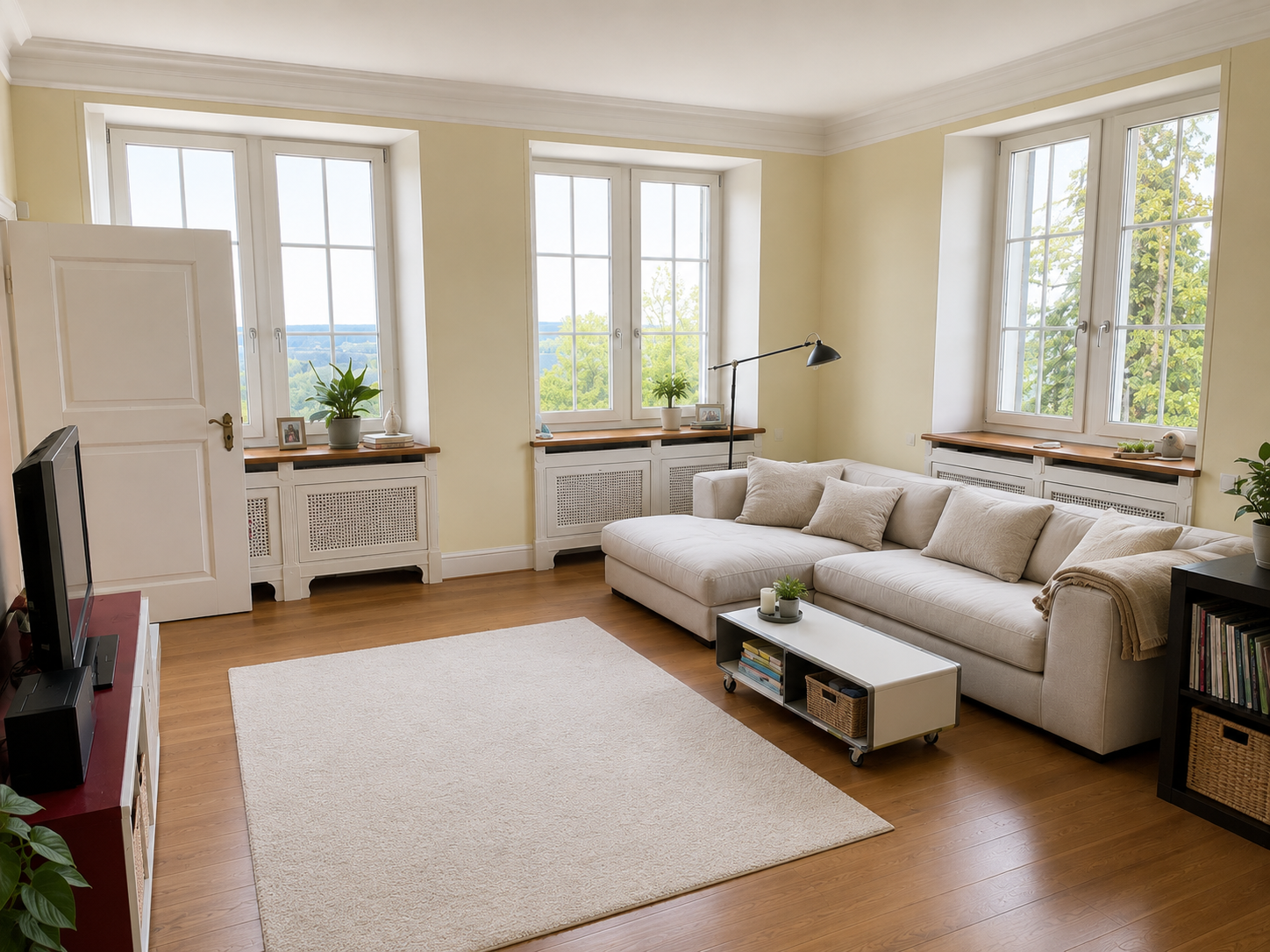 Helles Wohnzimmer mit großem Sofa und Blick ins Grüne