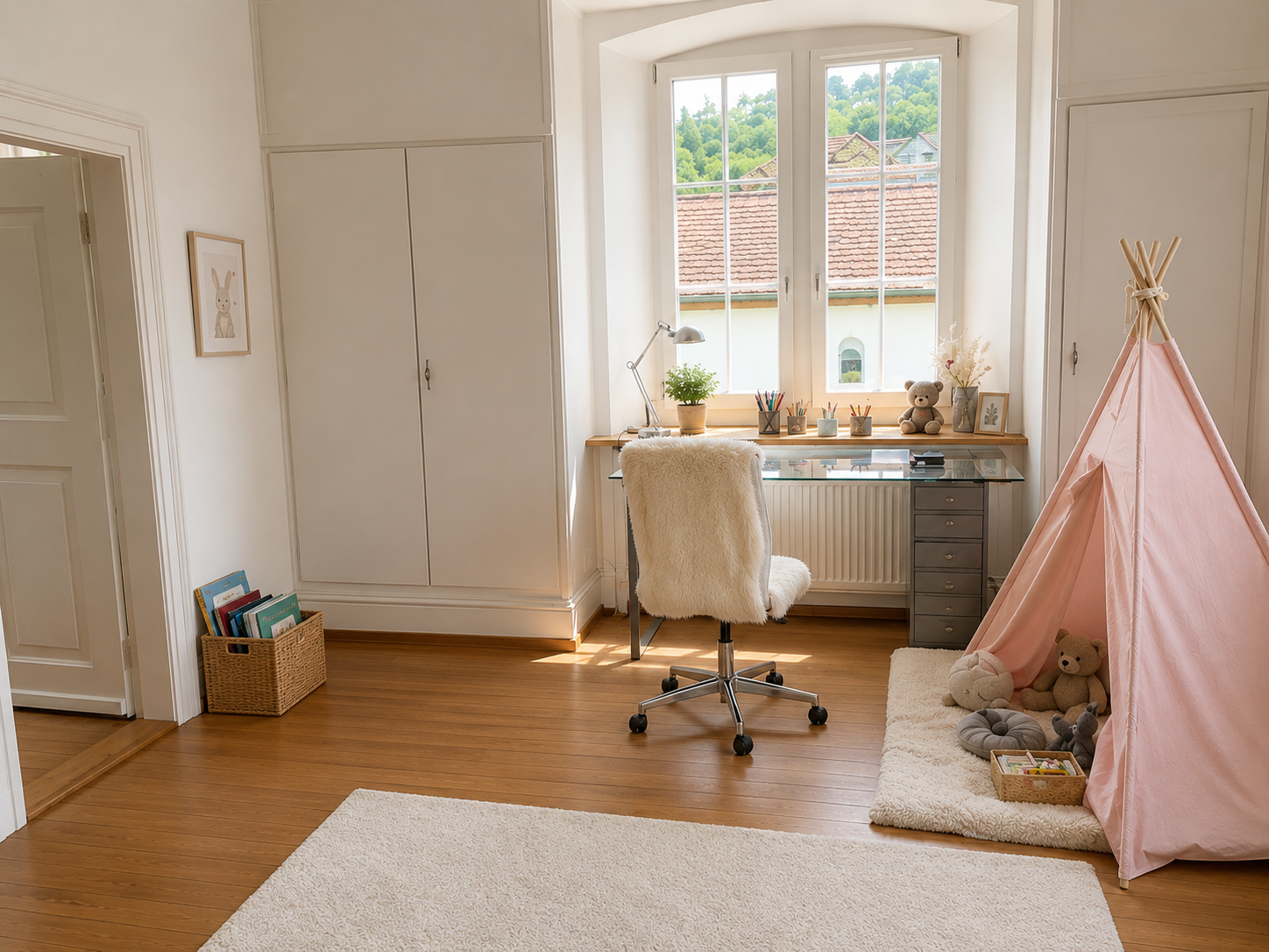 Helles Kinderzimmer mit Arbeitsbereich