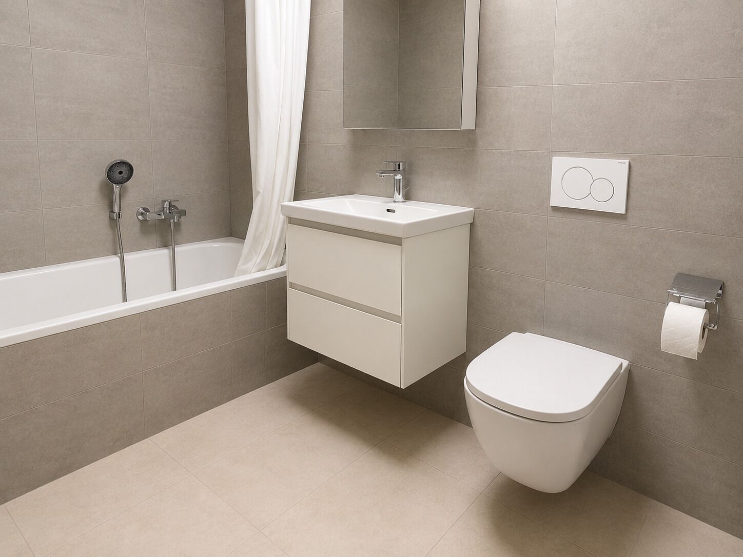 Modernes Bad mit Wand-WC und Wannenbereich