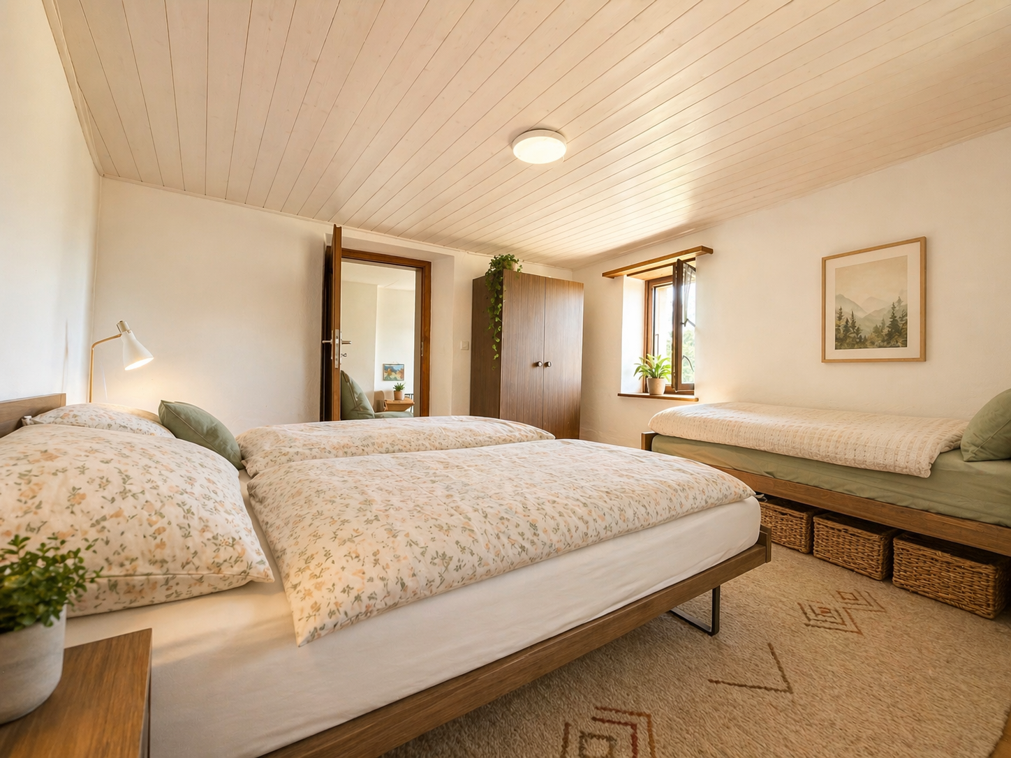 Helles Schlafzimmer mit zwei Betten