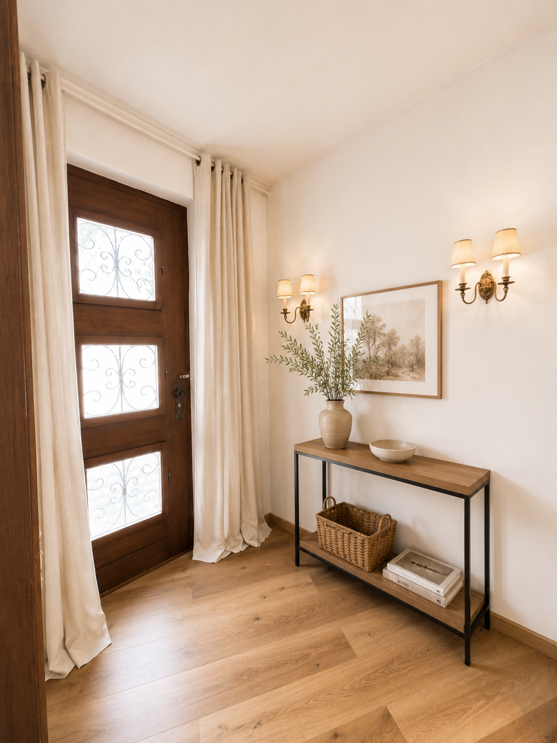 Heller Eingangsbereich mit Holztür und Konsolentisch