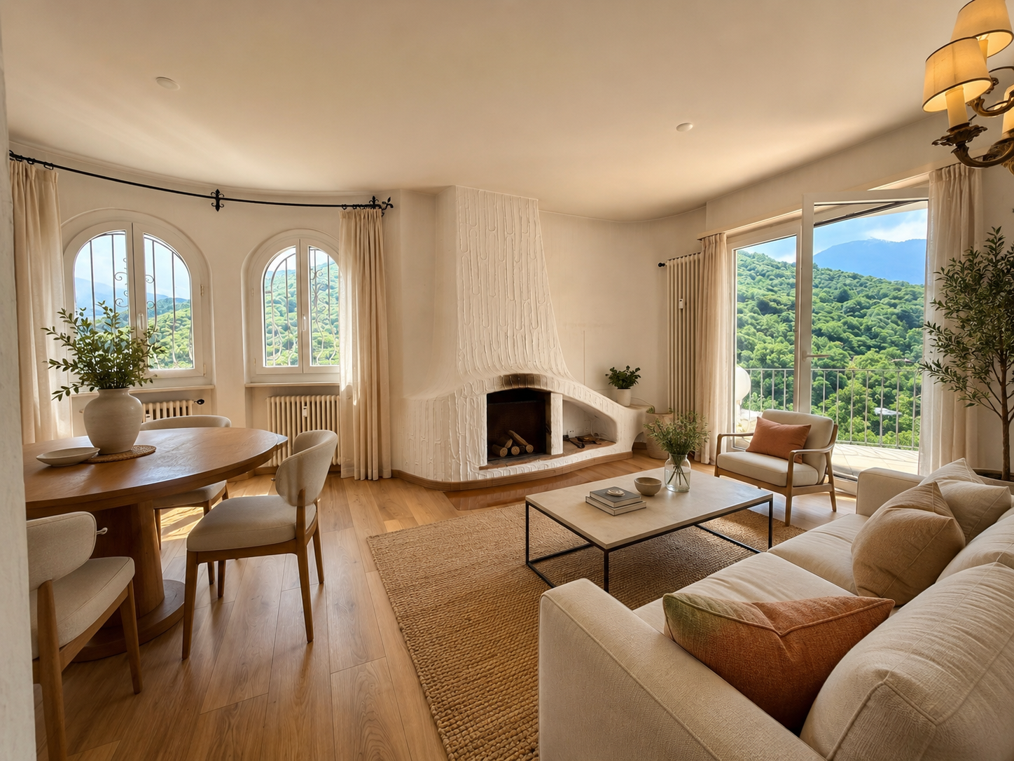 Heller Wohn- und Essbereich mit Kamin und Bergblick