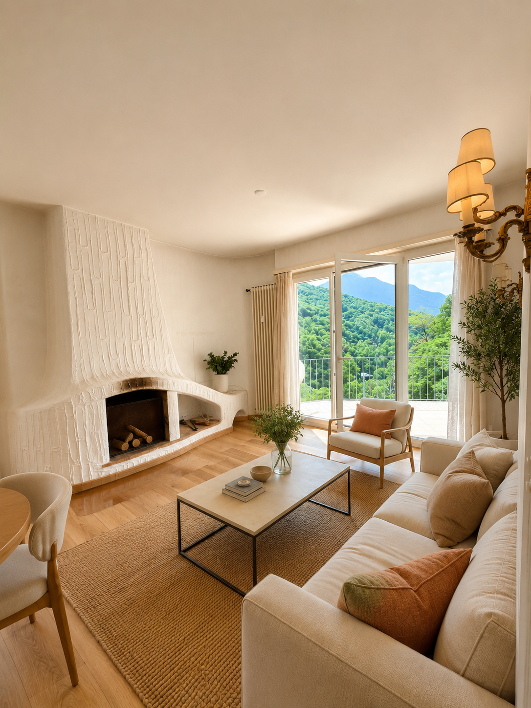 Helles Wohnzimmer mit Kamin und Bergblick
