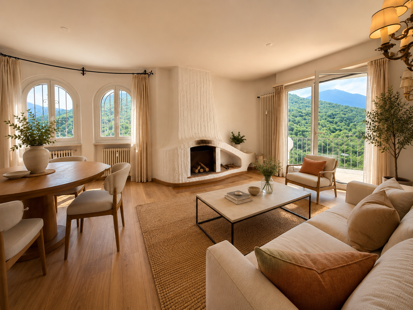 Helles Wohnzimmer mit Kamin und Bergblick