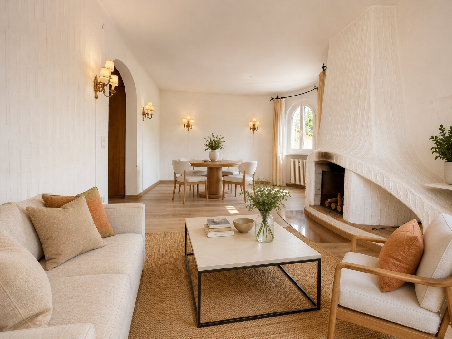 Helles Wohnzimmer mit Essbereich und Kamin