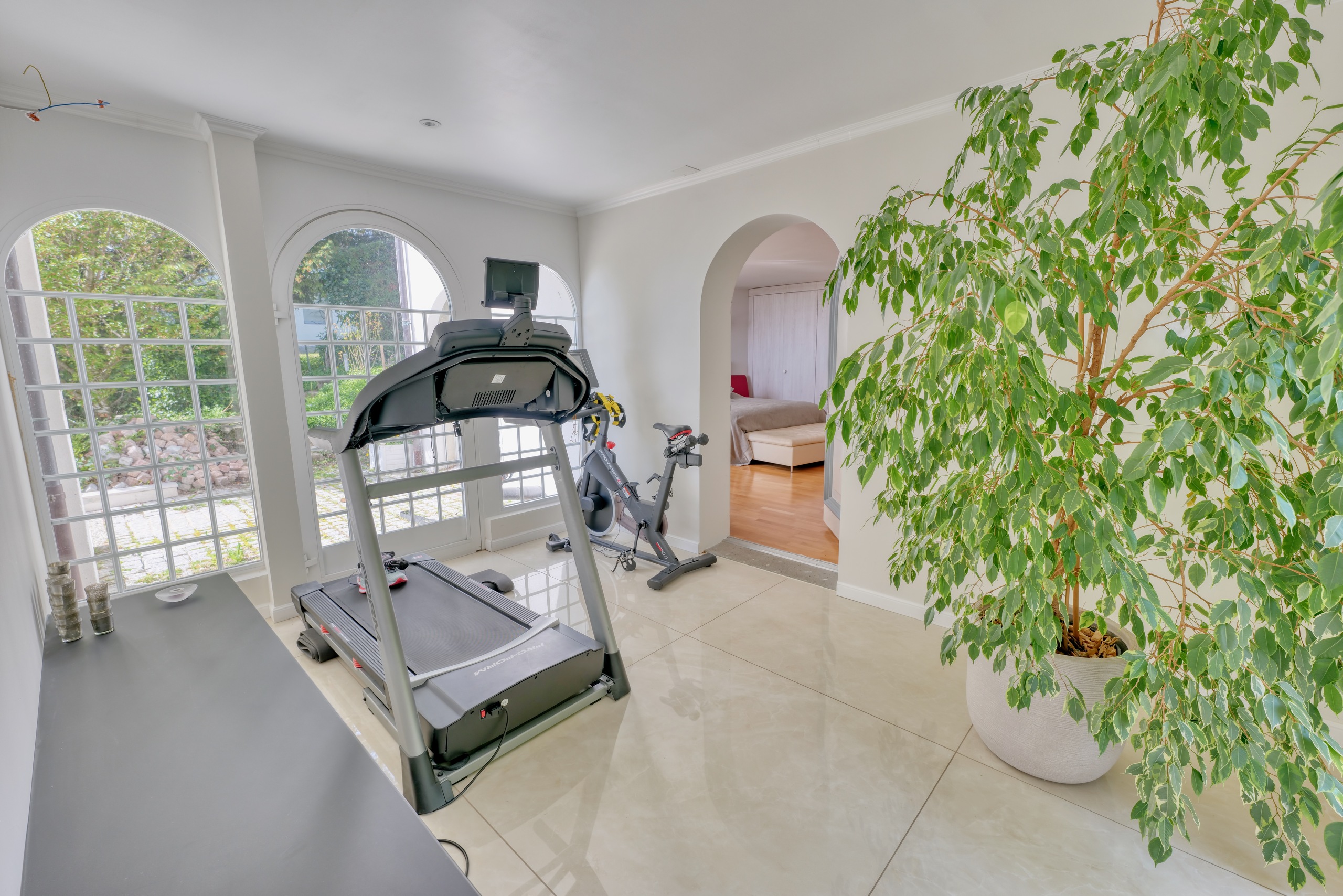 Heller Fitnessraum mit Gartenblick