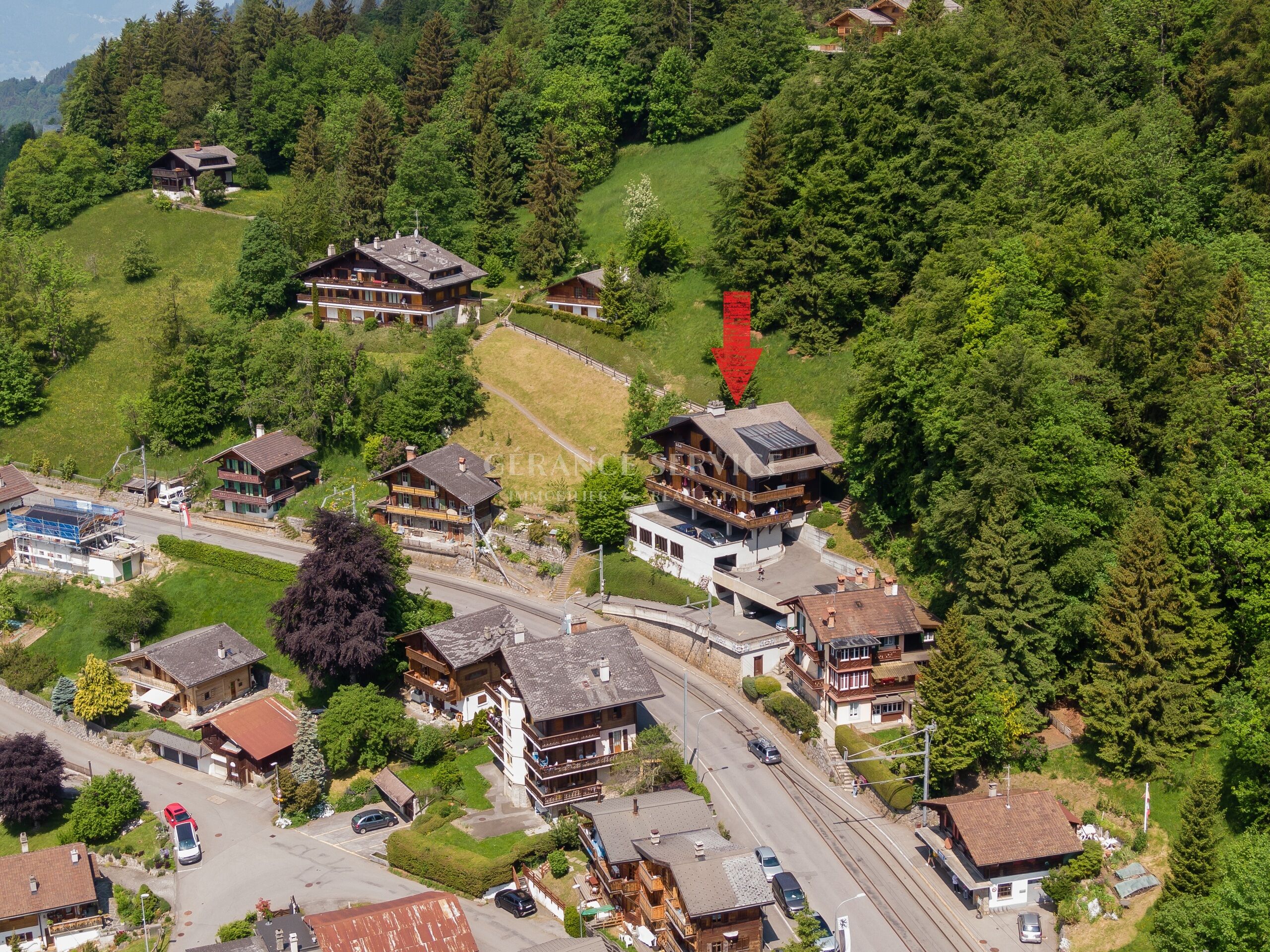 Alpen-Hanglage mit Chalet und umliegenden Häusern