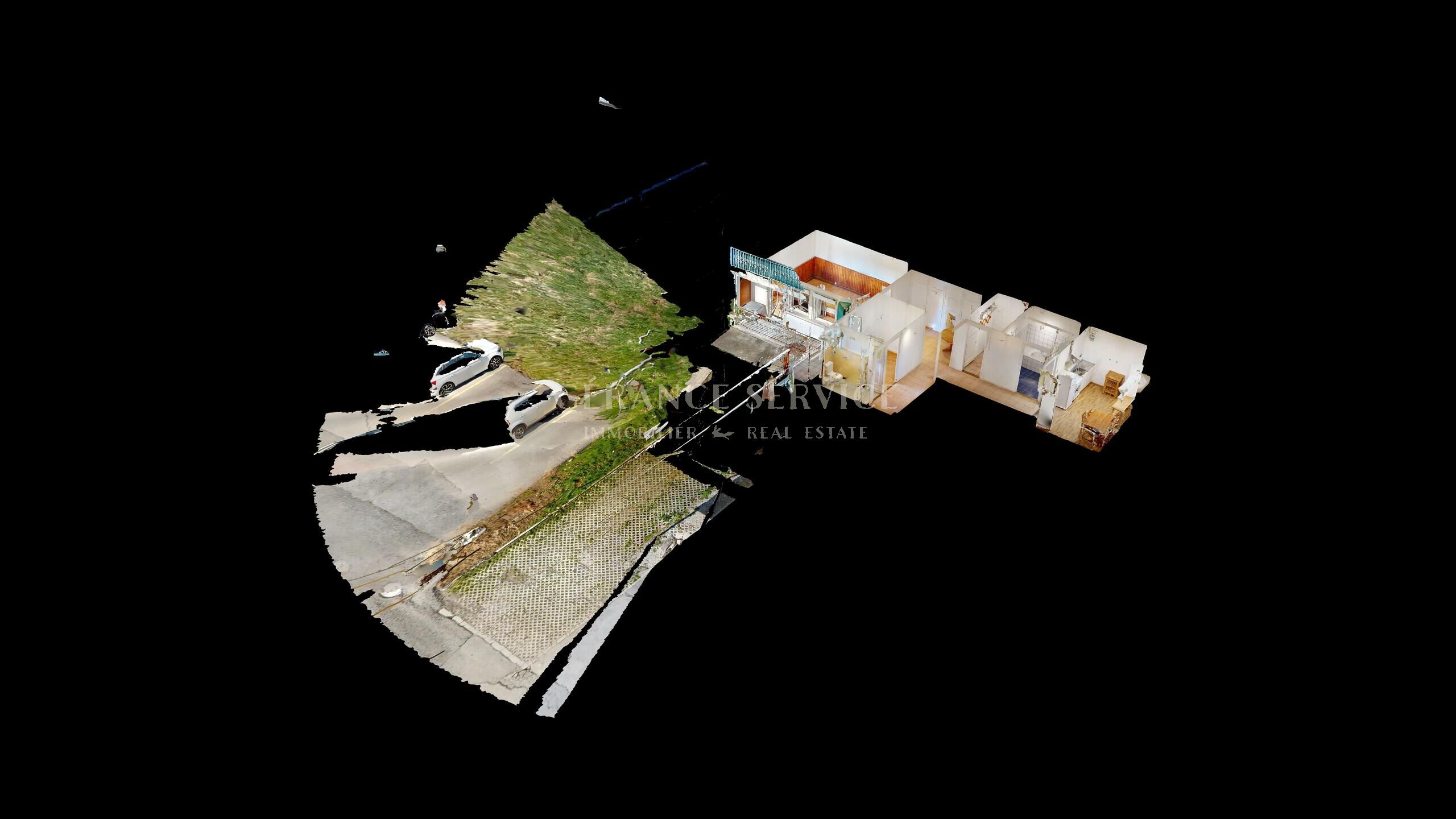 3D-Ansicht eines Wohnobjekts mit Grundrissfragmenten