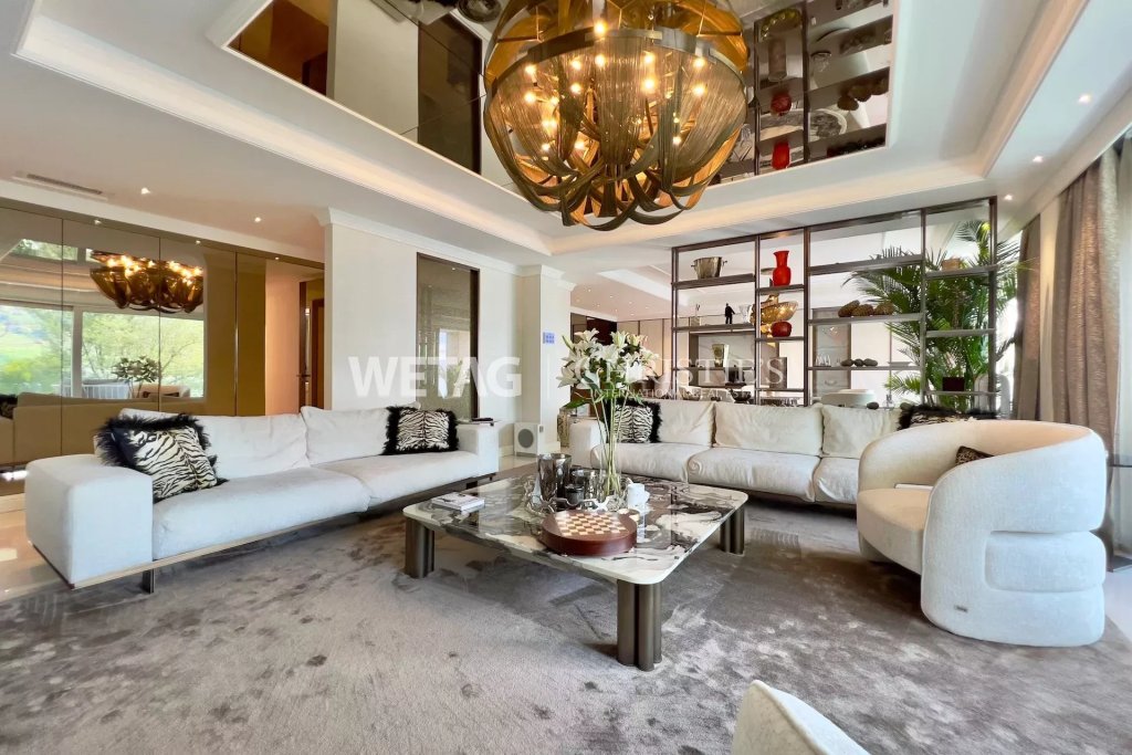 Helles, luxuriöses Wohnzimmer mit Designer-Möbeln