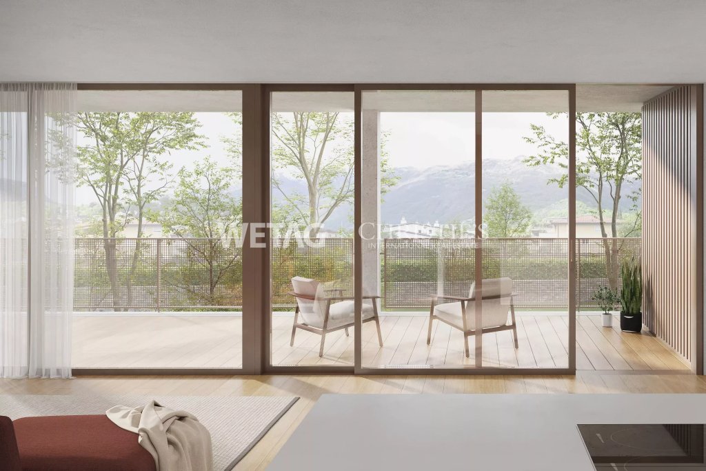 Großer Wohnbereich mit Blick auf Terrasse und Berge