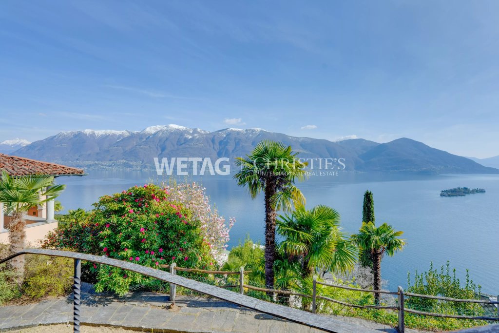 Seeblick mit Bergen und mediterraner Gartenanlage