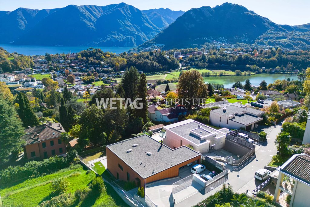 Luftaufnahme einer Wohnlage am See mit Bergpanorama