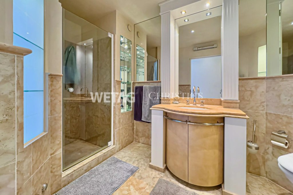 Elegantes Badezimmer mit Duschbereich und Waschtisch