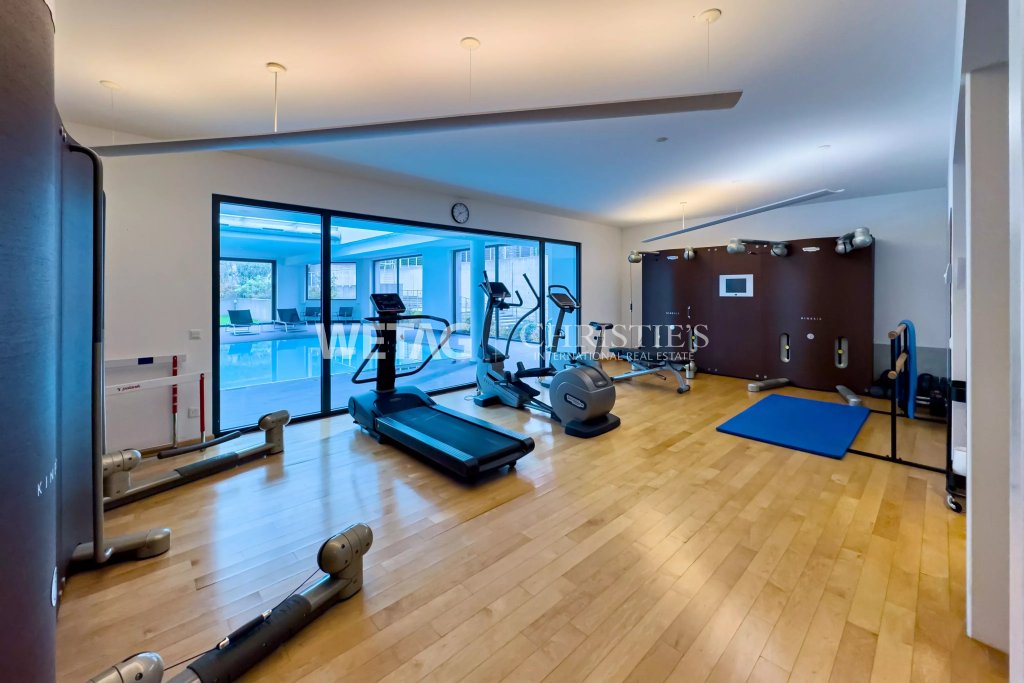 Heimfitnessraum mit Poolblick