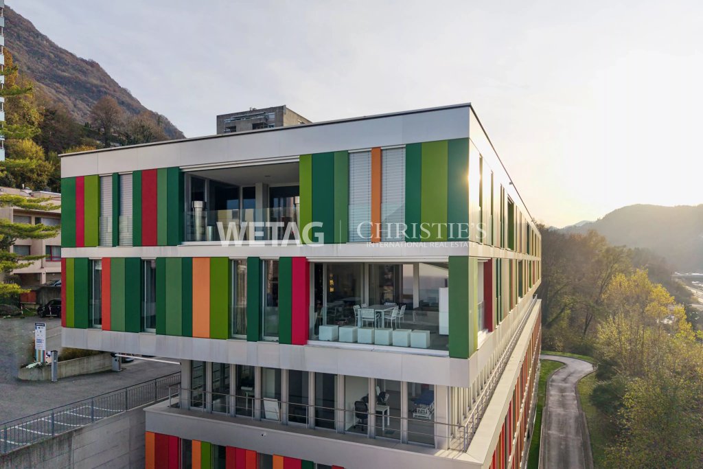 Modernes Gebäude mit farbiger Fassadenverkleidung und Alpenblick