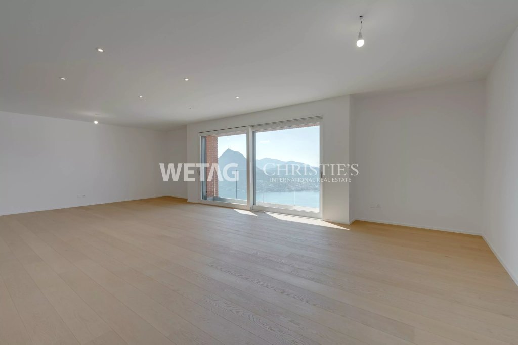 Großer leerer Wohnraum mit Seeblick
